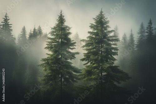 Two fir trees in a foggy forest