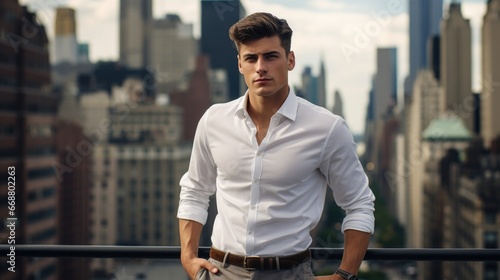Photo of a handsome man in a stylish white classic shirt against the backdrop of the city. Style and fashion concept.