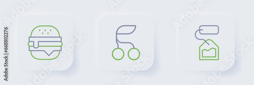 Set line Tea bag, Fresh berries and Burger icon. Vector