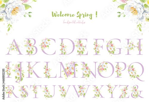 Watercolor blush lilac rose floral alphabet. Spring flowers letters monogram initials illustration. Botanical  rose peony bouquet  green  garden decor. Spring wedding stationery greeting card  rsvp  