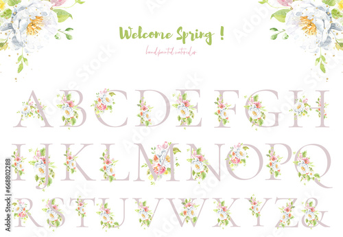 Watercolor blush dusty rose floral alphabet. Spring flowers letter monogram initials illustration. Botanical, rose peony bouquet, green, garden decor. Spring wedding stationery greeting card, rsvp	
