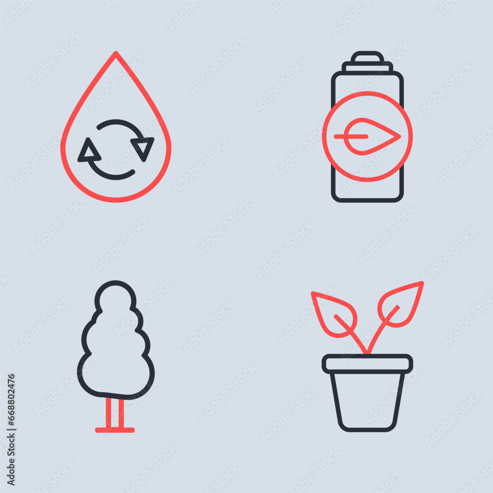 Set line Eco nature leaf battery, Tree, Plant in pot and Recycle clean aqua icon. Vector