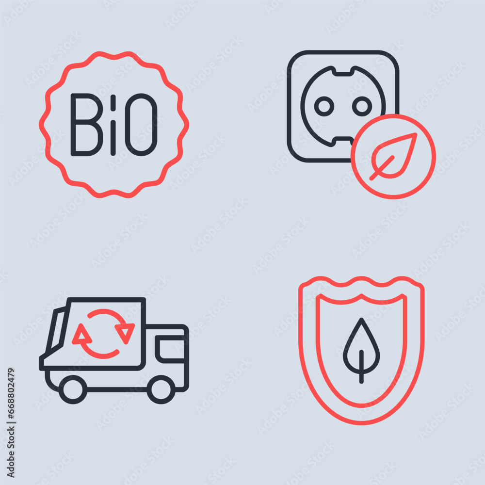 Set line Electrical outlet, Garbage truck, Shield with leaf and Banner for bio icon. Vector Set line Electrical outlet, Garbage truck, Shield with leaf and Banner for bio icon. Vector