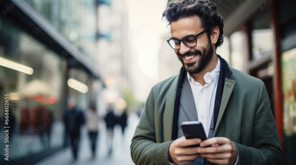 Photo of a smiling man with a phone in his hand against the backdrop of the city. Concept of new technologies and opportunities. Photo of a smiling man with a phone in his hand against the backdrop of the city. Concept of new technologies and opportunities.