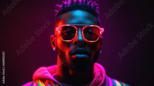 portrait of a young African man wearing fashionable glasses and colorful bright neon lights, on a black background. Art design concept