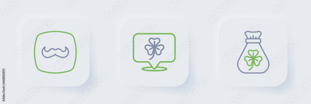 Set line Money bag with clover, Clover trefoil leaf and Mustache icon. Vector Set line Money bag with clover, Clover trefoil leaf and Mustache icon. Vector