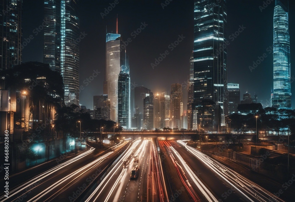 Road in city with skyscrapers and car traffic light trails infrastructure and transportation background