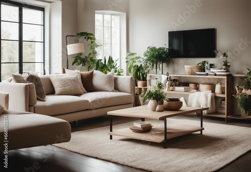 Domestic and cozy interior of living room with beige sofa plants shelf coffee table boucle rug mock © ArtisticLens