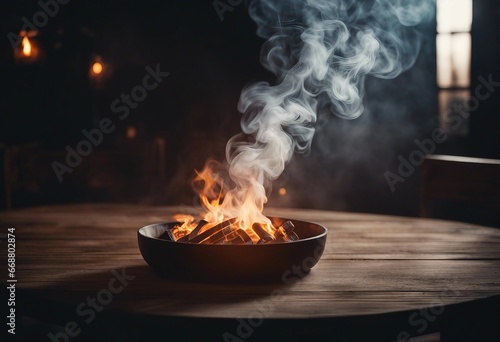 Wooden table with smoke on a dark background Halloween party concept