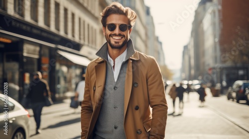 photo, a man in stylish fashionable clothes and with a perfect smile against the backdrop of a big city