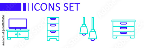 Set line Chest of drawers, Library bookshelf, and TV table stand icon. Vector