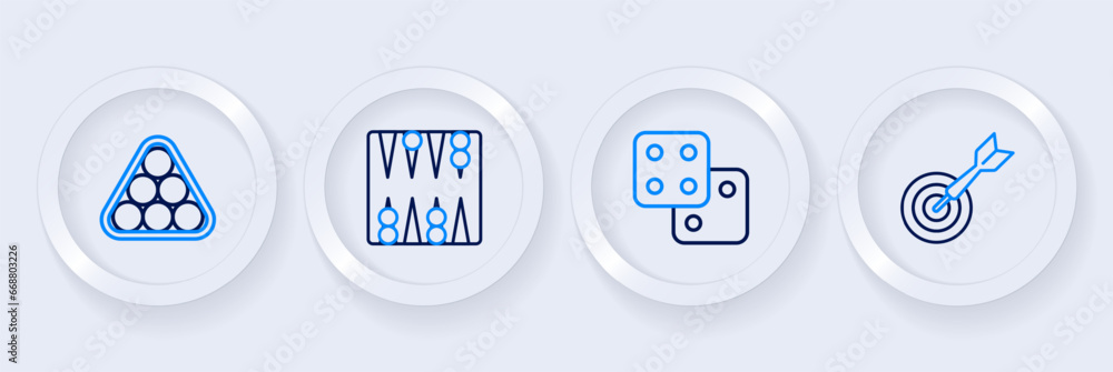 Set line Classic dart board and arrow, Game dice, Backgammon and Billiard balls in triangle icon. Vector Set line Classic dart board and arrow, Game dice, Backgammon and Billiard balls in triangle icon. Vector