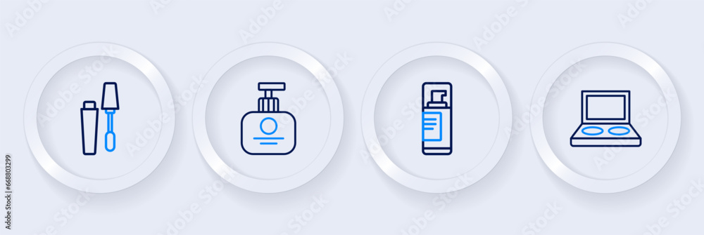 Set line Eye shadow palette with brush, Shaving gel foam, Tube of hand cream and Mascara icon. Vector Set line Eye shadow palette with brush, Shaving gel foam, Tube of hand cream and Mascara icon. Vector
