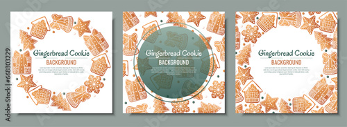 Set of Christmas background with gingerbread house, gift, snowflake, fir tree. Greeting card with cookies in glaze. Flyer, banner poster for invitation