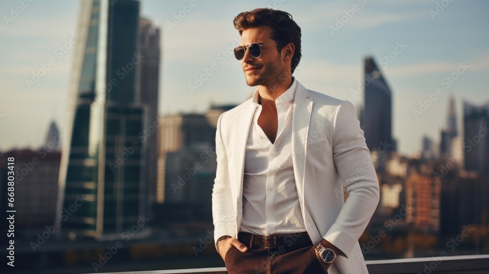 photo, a man in stylish fashionable clothes and with a perfect smile against the backdrop of a big city photo, a man in stylish fashionable clothes and with a perfect smile against the backdrop of a big city