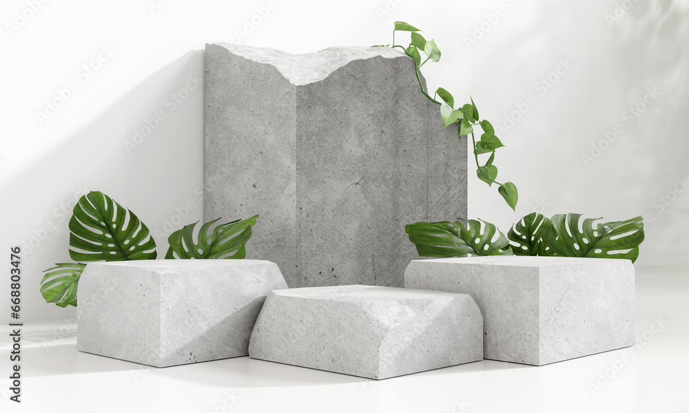 Stone product display podium stand with monstera leaf on white background. 3D rendering	
 - obrazy, fototapety, plakaty 
