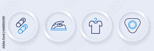 Set line Sewing chalk, T-shirt on hanger, Electric iron and Closed steel safety pin icon. Vector