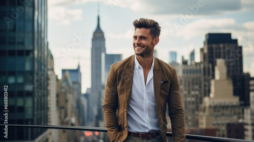 photo, a man in stylish fashionable clothes and with a perfect smile against the backdrop of a big city © koplesya