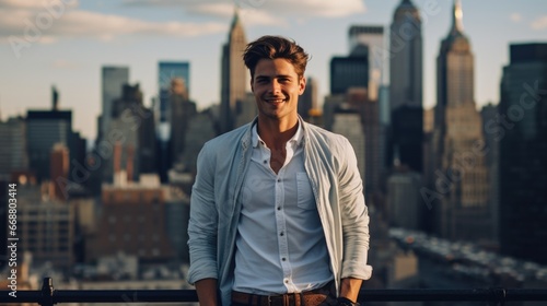 photo, a man in stylish fashionable clothes and with a perfect smile against the backdrop of a big city