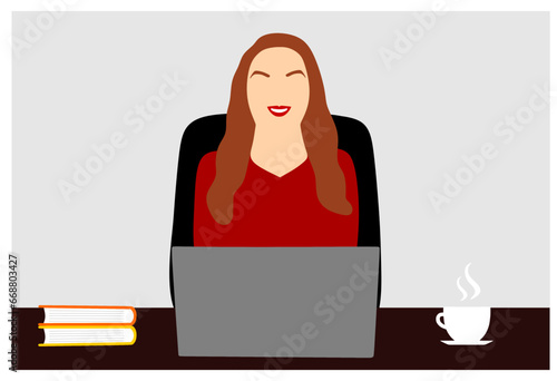 Beautiful smiling woman who is watching the notebook screen at the workplace. The table has a cup steaming hot and books. Concept of work, home office, finance, studies. Colorful vector illustration.