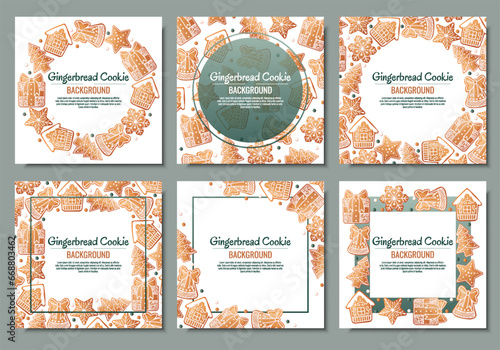 Set of Christmas background with gingerbread house, gift, snowflake, fir tree. Greeting card with cookies in glaze. Flyer, banner poster for invitation