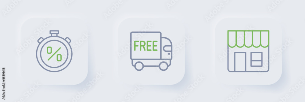 Set line Market store, Free delivery service and Stopwatch percent discount icon. Vector Set line Market store, Free delivery service and Stopwatch percent discount icon. Vector