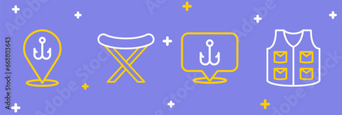 Set line Fishing jacket, hook, harpoon and icon. Vector