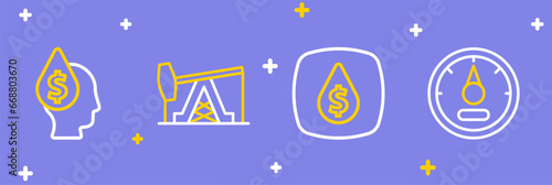 Set line Motor gas gauge, Oil drop with dollar symbol, pump pump jack and icon. Vector