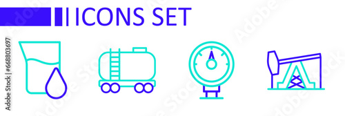 Set line Oil pump or pump jack, Motor gas gauge, railway cistern and petrol test tube icon. Vector