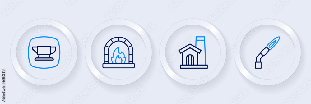 Set line Welding torch, Smithy workshop interior, Blacksmith oven and anvil tool icon. Vector Set line Welding torch, Smithy workshop interior, Blacksmith oven and anvil tool icon. Vector
