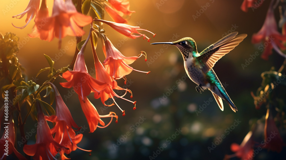 A hummingbird collects nectar from flowers - obrazy, fototapety, plakaty 