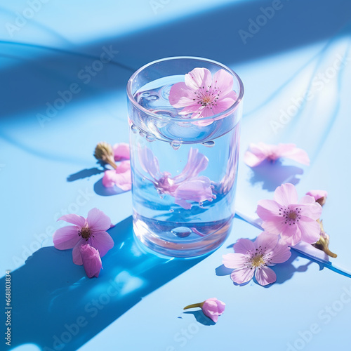 Summer refreshing drink. Light pink rose cocktail on a pastel blue background with spring cherry flowers.