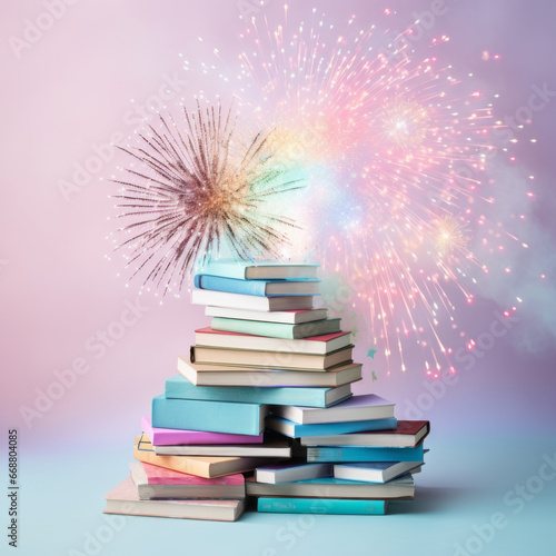 Colorful books with sprinkles and fireworks. Books as a gift. Pastel rainbow colors. The concept of Christmas and New Year book sales, book fairs, poetry and good novels.