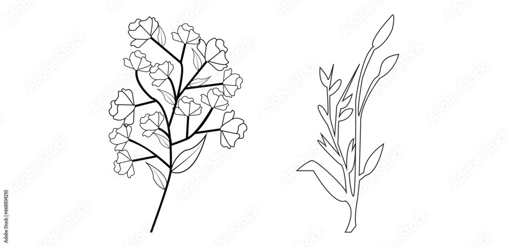 Fototapeta premium Black silhouettes of flowers, grass and herbs, pro vector