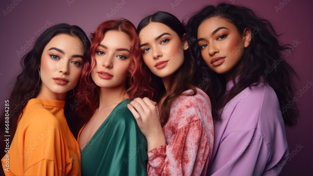 Obraz premium Group of multiethnic women with different hairstyles posing in studio