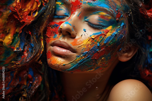 Close up of a young girl with paint on her face. Concept of creativity, art, painting.