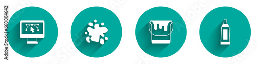 Set Computer with design program, Paint spray, bucket and Tube paint palette icon with long shadow. Vector