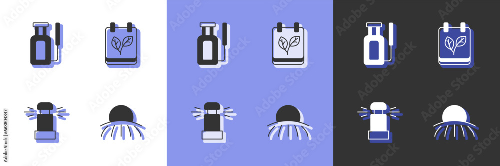 Set Sunrise, Garden sprayer for water, Automatic irrigation sprinklers and Calendar with autumn leaves icon. Vector Set Sunrise, Garden sprayer for water, Automatic irrigation sprinklers and Calendar with autumn leaves icon. Vector