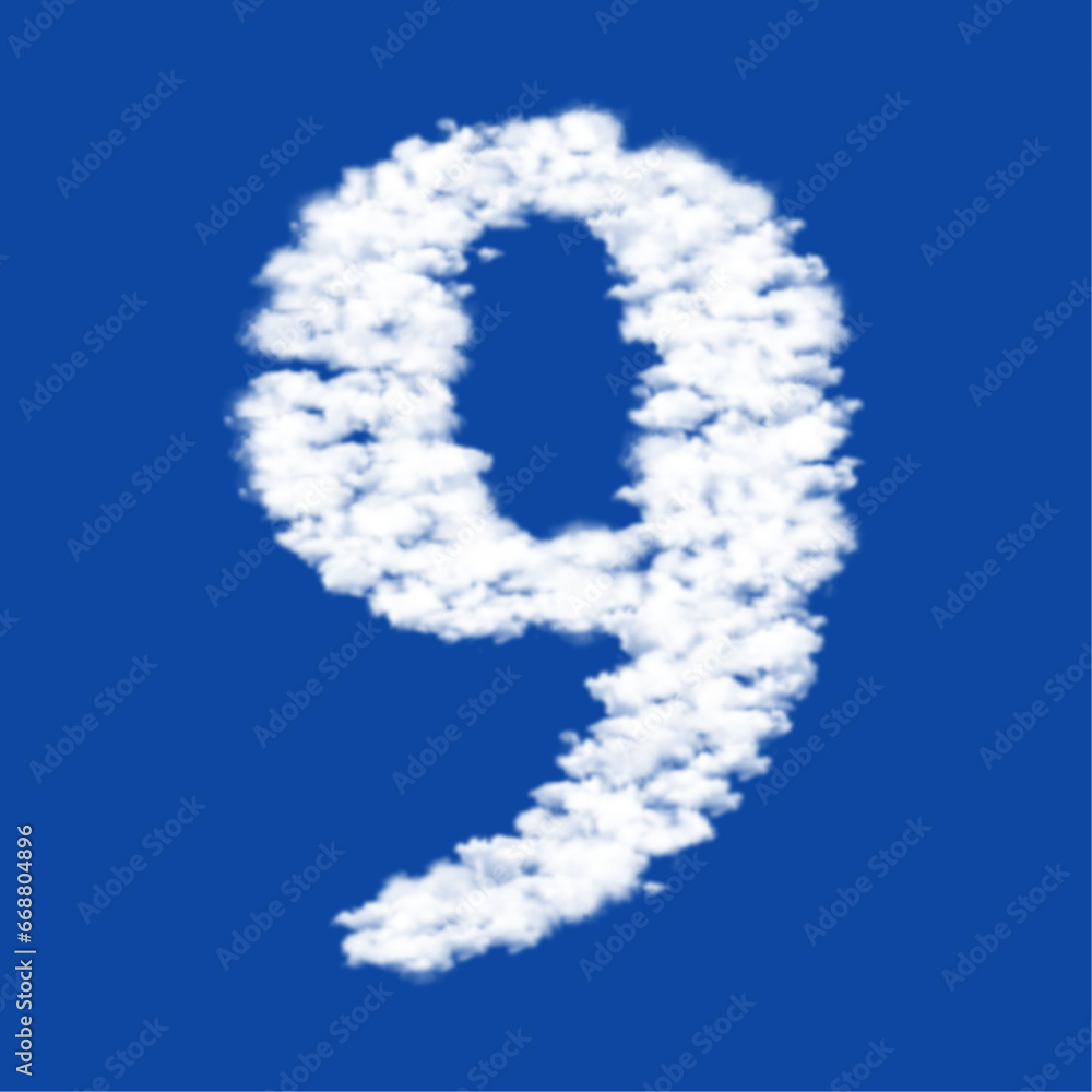 Clouds in the shape of a number nine symbol on a blue sky background. A symbol consisting of clouds in the center. Vector illustration on blue background