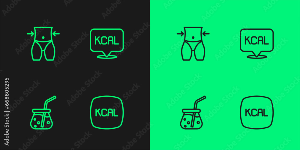 Set line Kcal, Fresh smoothie, Women waist and icon. Vector Set line Kcal, Fresh smoothie, Women waist and icon. Vector