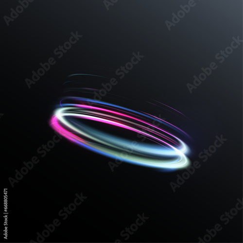 Abstract neon blue-violet ring. A bright plume of luminous rays swirling in a fast spiraling motion. Light golden swirl. Curve gold line light effect. Vector 