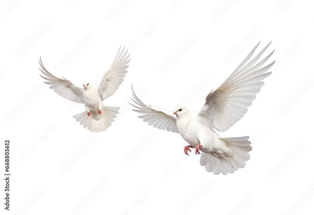 Fototapeta premium Two white doves are flying. Generative AI