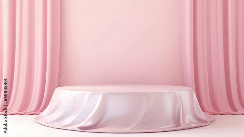 Pink circular podium with blush pink drapes and wall in background, Premium showcase mockup template for Beauty, Cosmetic, Luxury products, with copy space for text