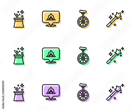 Set line Unicycle, Magician hat, Circus tent and wand icon. Vector
