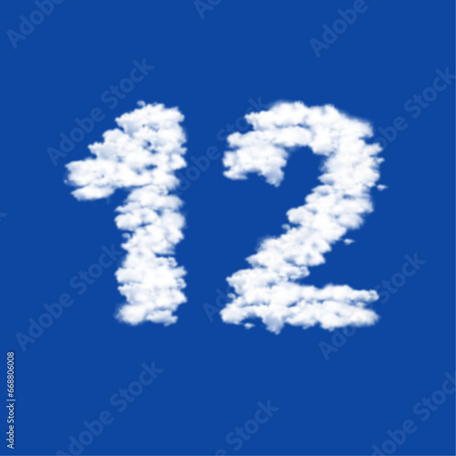 Clouds in the shape of a twelve number on a blue sky background. A symbol consisting of clouds in the center. Vector illustration on blue background