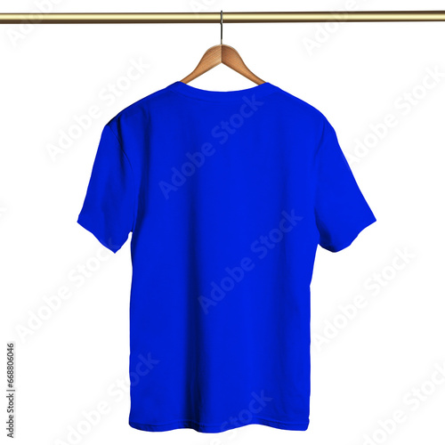 This Back View Classical T Shirt on Hanger Mockup In Vibrant Blue Color On Hanger, create for businesses to market their items in a clever and inexpensive way.