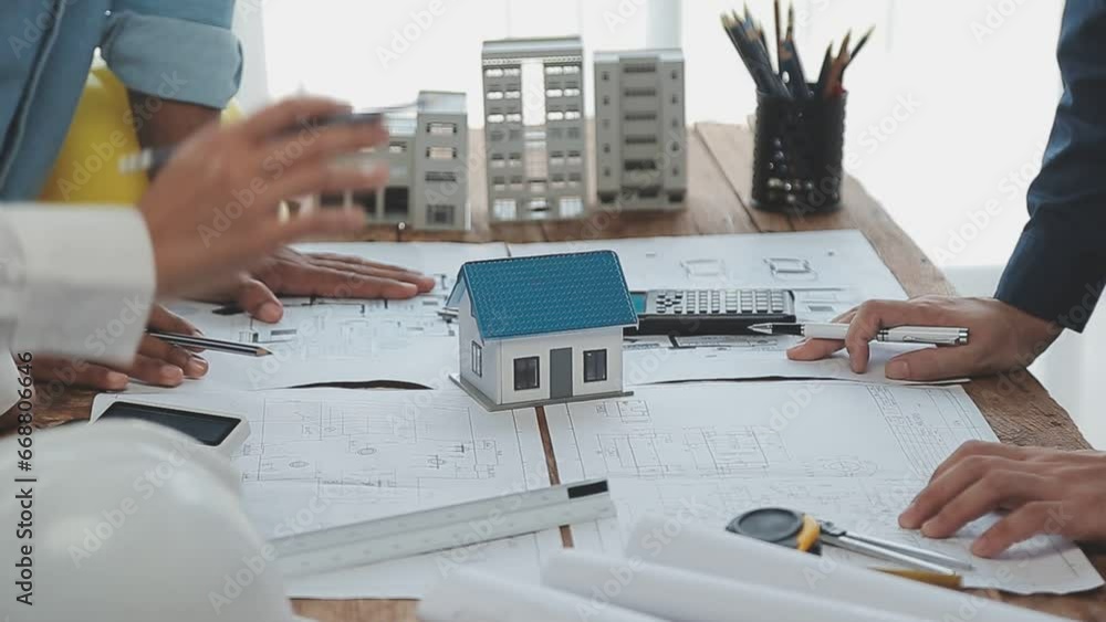 Architectural engineer team meeting Use of blueprints, construction drawings and calculations for architectural projects and engineering tools in the workplace technical structure concept.