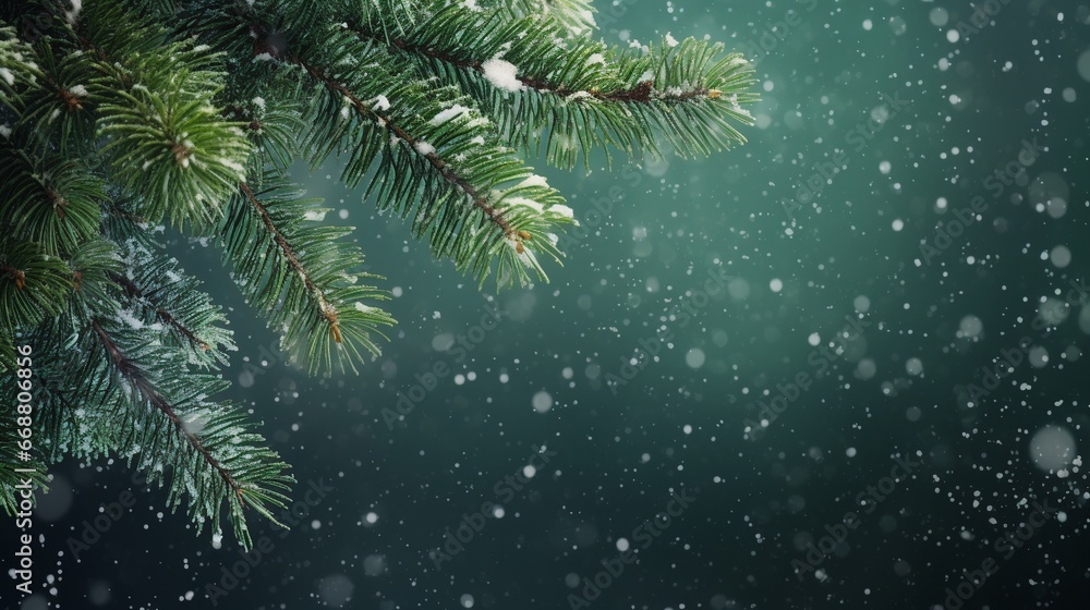 Christmas tree outdoor with snow, lights bokeh around, and snow falling, Christmas atmosphere. Christmas tree outdoor with snow, lights bokeh around, and snow falling, Christmas atmosphere.