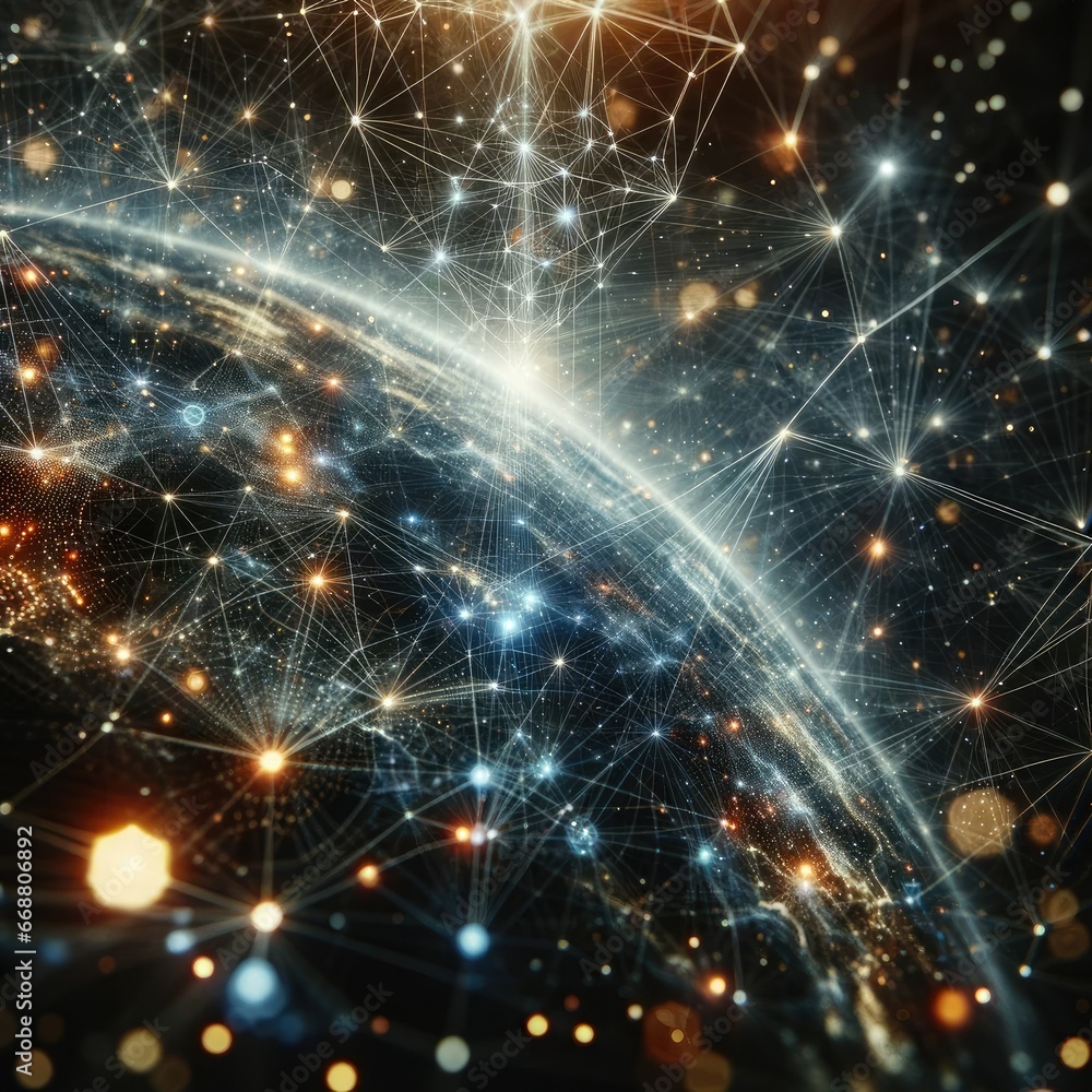 cosmic display of interconnected lines and nodes creates a vast digital universe. Bright white nodes burst with energy, surrounded by swirling blue galaxies and golden specks cosmic display of interconnected lines and nodes creates a vast digital universe. Bright white nodes burst with energy, surrounded by swirling blue galaxies and golden specks