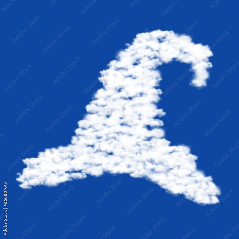 Clouds in the shape of a wizard hat symbol on a blue sky background. A symbol consisting of clouds in the center. Vector illustration on blue background Clouds in the shape of a wizard hat symbol on a blue sky background. A symbol consisting of clouds in the center. Vector illustration on blue background